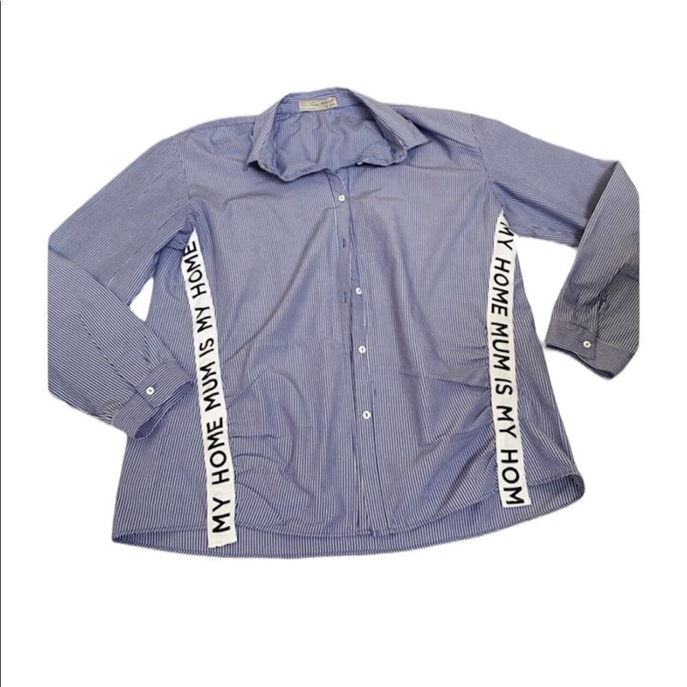 Zara Girls Blue White Stripes Mum Is My Home Button Front Shirt 13/14